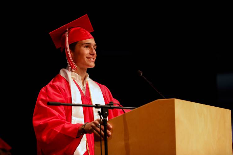 Class Vice President Jack Laliberte speaks during the Hampshire Regional Class of 2025 commencement ceremony Friday evening in Westhampton.