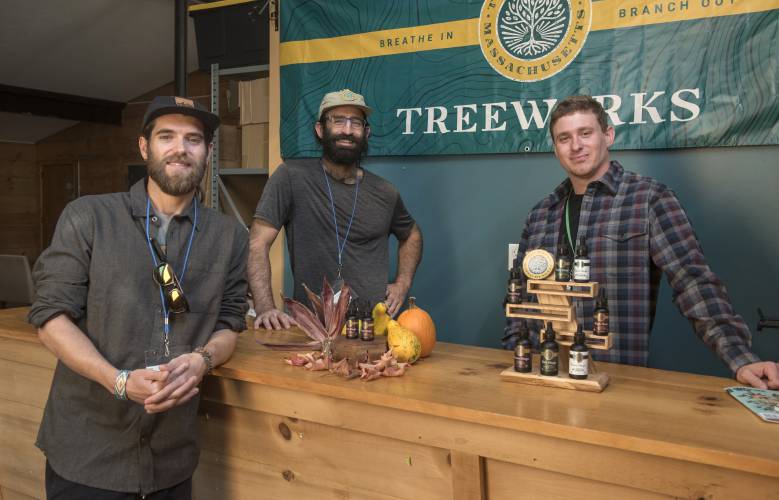 Treeworks, a cannabis manufacturing and processing company in Hatfield, is asking the town for an extension to its five-year host community agreement. Pictured are the company’s  founding owners Milo Childs Campolo, left, Tim Kane and Mackae Freeland.