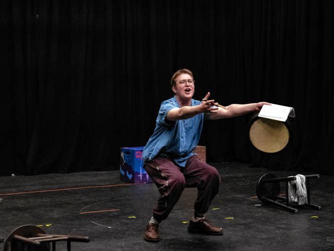 Darrow Sherman rehearses a scene from Liz Duffy Adams’ “The Broken Machine,” a darkly comedic look at what climate change might bring in the future. The production, by Silverthorne Theater Company, opens June 7 at Hampshire College.