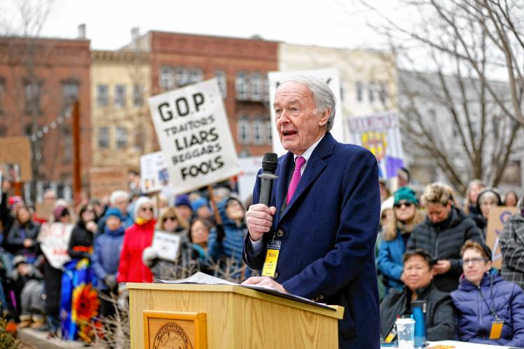 U.S. Sen. Ed Markey speaks to the hundreds gathered in Pulaski Park during a rally Sunday afternoon organized by the group Northampton Resists against what they described as President Donald Trump’s “technocratic dictatorship.”  “Everything is on the line,” he said. “We cannot agonize, we must organize.”