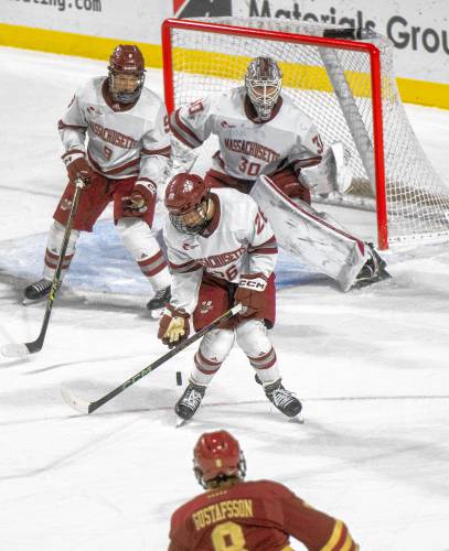 UMass defenseman Owen Murray (26) attempts to block a shot during a game against Boston College at the Mullins Center, Saturday, Feb. 15, 2025, in Amherst. UMass defenseman Owen Murray (26) attempts to block a shot during a game against Boston College at the Mullins Center, Saturday, Feb. 15, 2025, in Amherst.