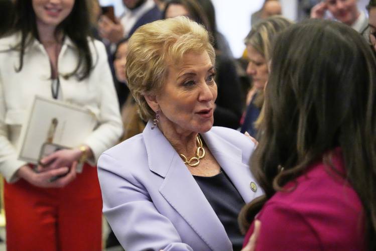 Education Secretary Linda McMahon, left, greets Sen. Katie Britt, R-Ala., before President Trump’s address to Congress on March 4. Education Secretary Linda McMahon, left, greets Sen. Katie Britt, R-Ala., before President Trump’s address to Congress on March 4.