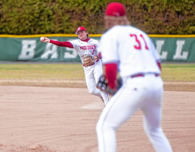 UMass second baseman Braden Sullivan (2) looks to throw a ground ball to first baseman Marc Willi (31) during the college baseball game against Albany at Earl Lorden Field, Wednesday, March 26, 2025, in Amherst.