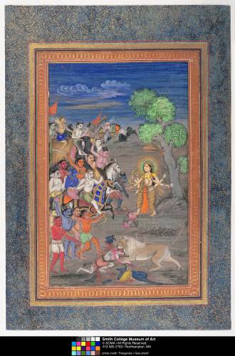 “Durga Battling Demons,” illustration from an unidentified dispersed manuscript, late 18th or early 19th century by unknown Indian artist; opaque watercolor and gold on paper.
