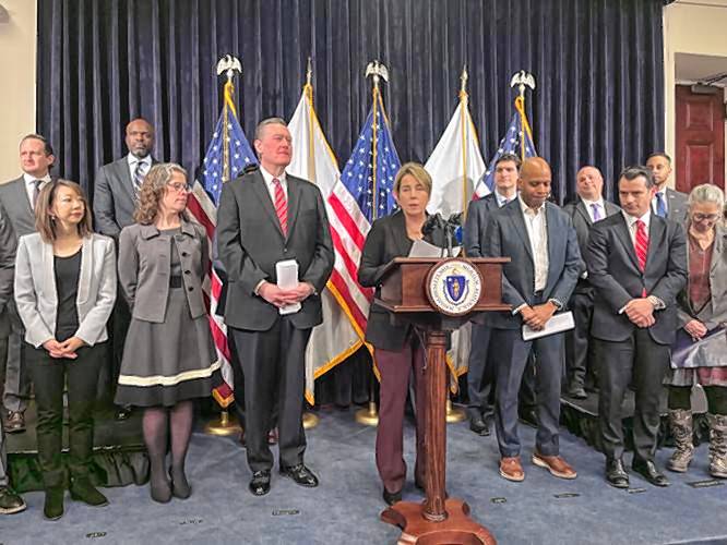 Gov. Maura Healey speaks at a press conference about her administration’s housing plan for 2025-2029 at the State House on Thursday.