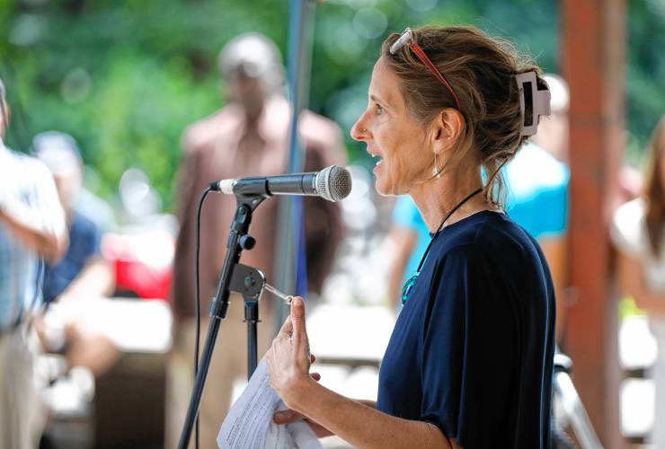 Planning and Sustainability Director Carolyn Misch speaks during a relaunch party for ValleyBike Share on Monday afternoon at Pulaski Park in Northampton.