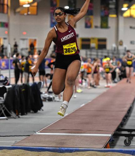 Amherst Regional’s Juliana Albo competes in the long jump at the MIAA Division 3 Indoor Track and Field Championships at Reggie Lewis Track and Athletic Center in Boston, Mass. on Friday night.