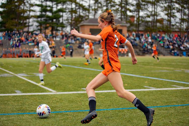 South Hadley’s Katherine McArdle (2) breaks away downfield against Sutton in the second half of the MIAA Division 4 girls soccer championship Saturday at Doyle Field in Leominster.