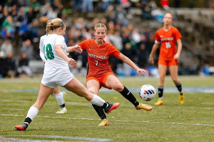 South Hadley’s Lauren Marjanski (7), right, fights for possession against Sutton’s Madeline Joyce (18) in the second half of the MIAA Division 4 girls soccer championship Saturday at Doyle Field in Leominster.