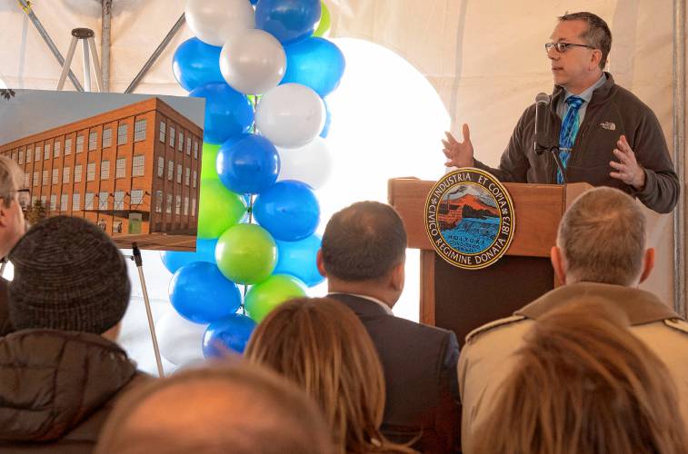 Aaron Vega, Holyoke director of planning and economic development, speaks at the ground breaking for the Appleton Mill Site project Monday morning, November 20, 2023.