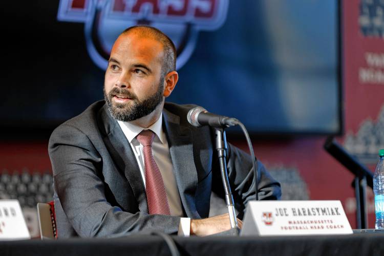 Joe Harasymiak speaks as the new UMass head football coach during a press conference at the Martin Jacobson Football Performance Center in Amherst. Joe Harasymiak speaks as the new UMass head football coach during a press conference at the Martin Jacobson Football Performance Center in Amherst.