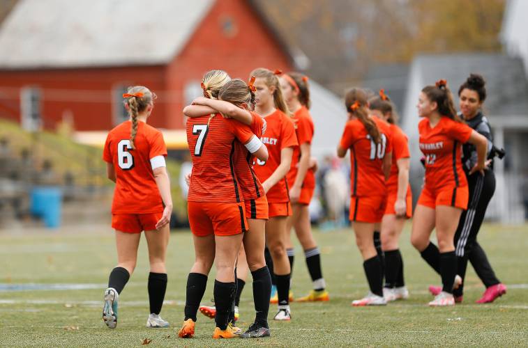 South Hadley players react after their 2-1 loss to Sutton in the MIAA Division 4 girls soccer championship Saturday at Doyle Field in Leominster.