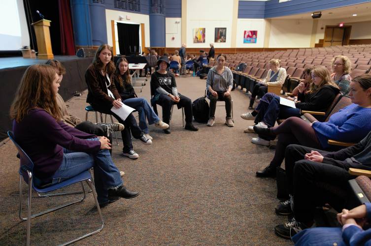 Students speak during an AFAB and Female Identifying Youth Hearing held by the Northampton Youth Commission on Friday night at the Northampton High School Auditorium. 