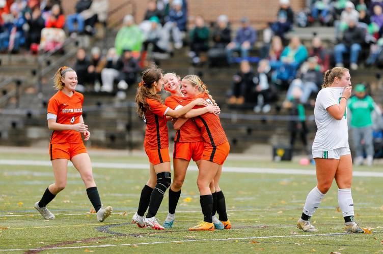 South Hadley’s Allison Fleury celebrates after scoring against Sutton in the first half of the MIAA Division 4 girls soccer championship Saturday at Doyle Field in Leominster.